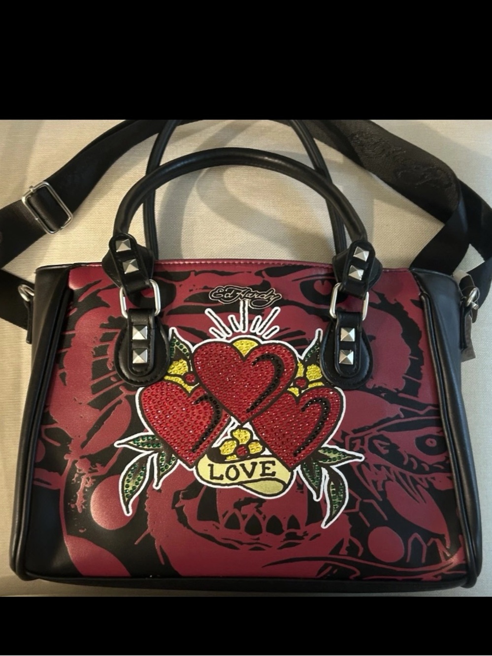 Ed Hardy XL Lunch Tote Bag Thermal Insulated Rhinestone Hearts Tattoo Print NWT